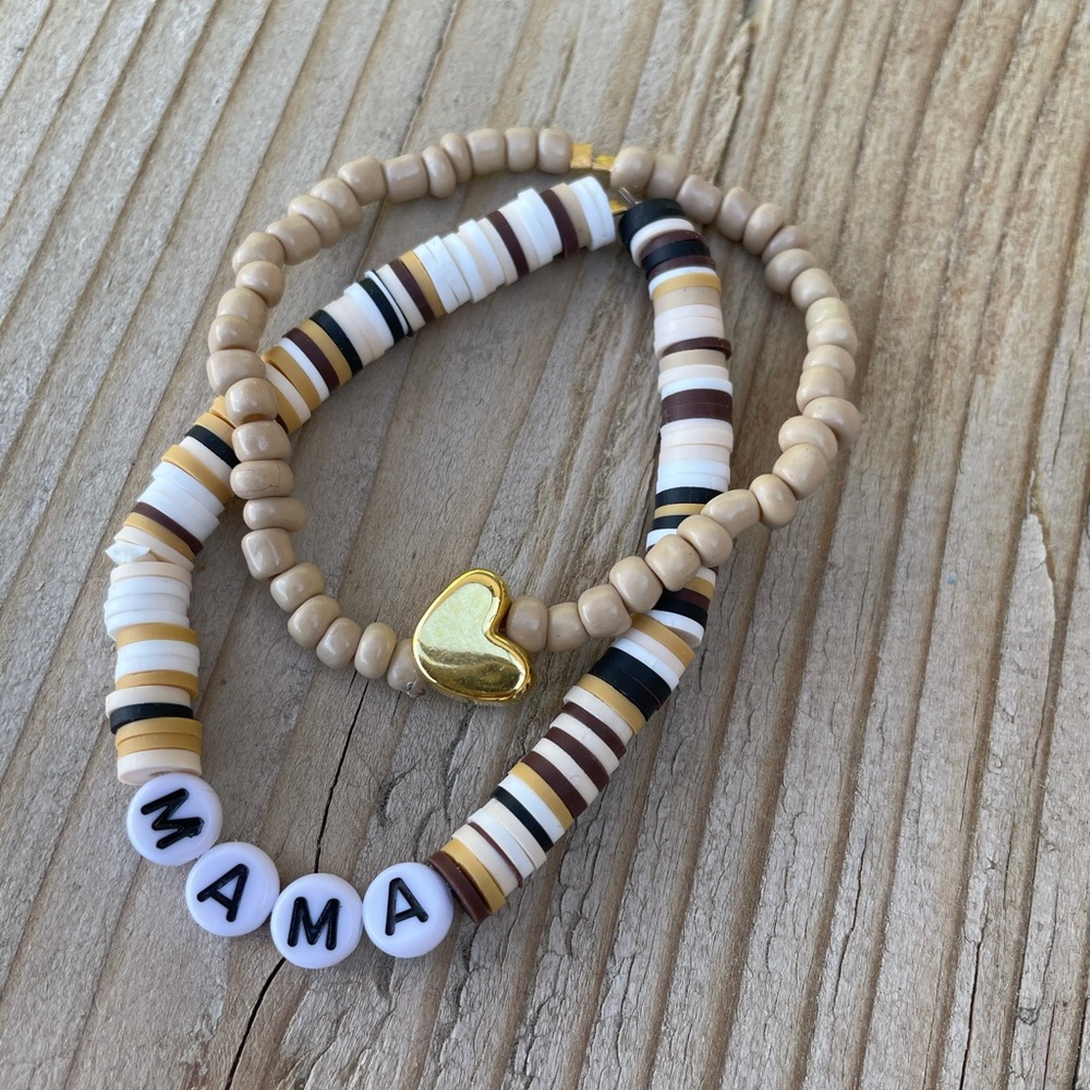 Mama heart bracelet stack heishi beads